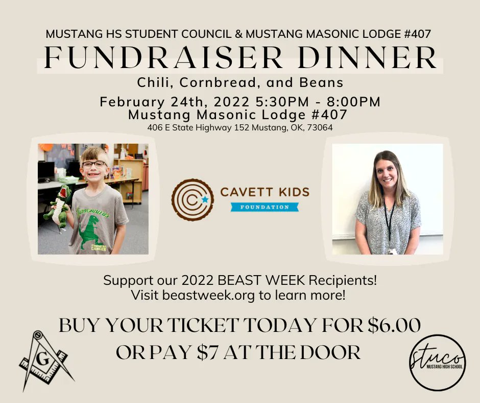 CavettKids's tweet photo. Save the Date‼️ Fundraising Dinner for BEAST Week coming up on Feb 24th. All ticket sales will be matched by the Mustang Masonic Lodge. #cavettkids #beastweek #fundraiser #mustang #forthekids https://t.co/XBSamVbFYX