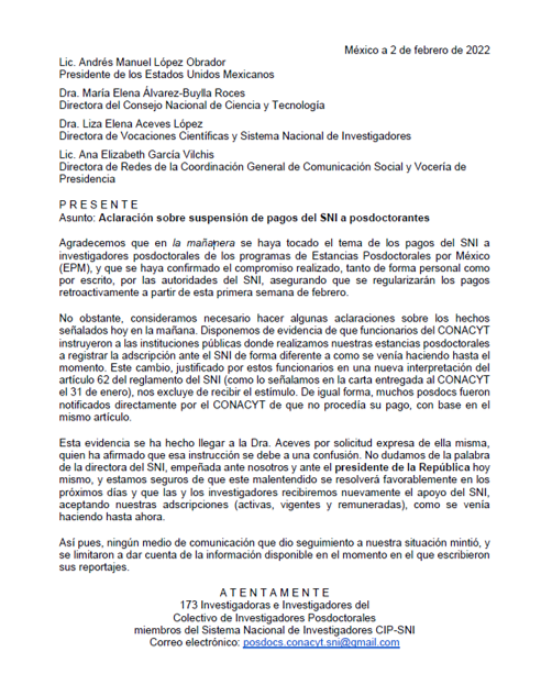 POSDOCsinSNI's tweet photo. Hoy (2/02) en la mañanera se mencionó la suspensión de los estímulos del SNI que recibimos los posdocs de CONACYT. Si bien agradecemos se haya tocado el tema y confirmado el compromiso de regularizar los pagos, es importante hacer las siguientes aclaraciones #posdocsinSni 
(1/5) https://t.co/vUZRv9eyhj