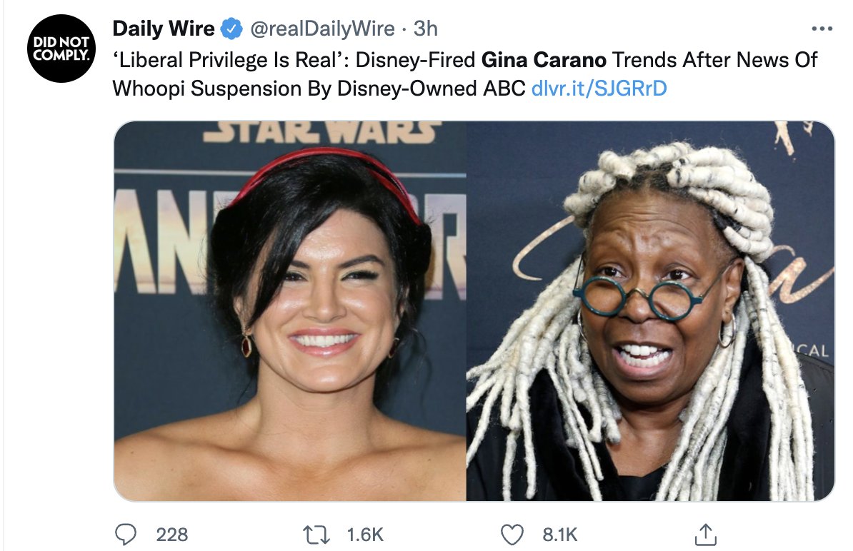 iWatchiAm's tweet photo. In case you needed a reminder: Gina Carano had a long history of offensive posts she NEVER apologized for. Whoopi apologized live on air and literally had an expert on The View explain why she was wrong. These two things are not the same. https://t.co/QQ6BZWqpLh