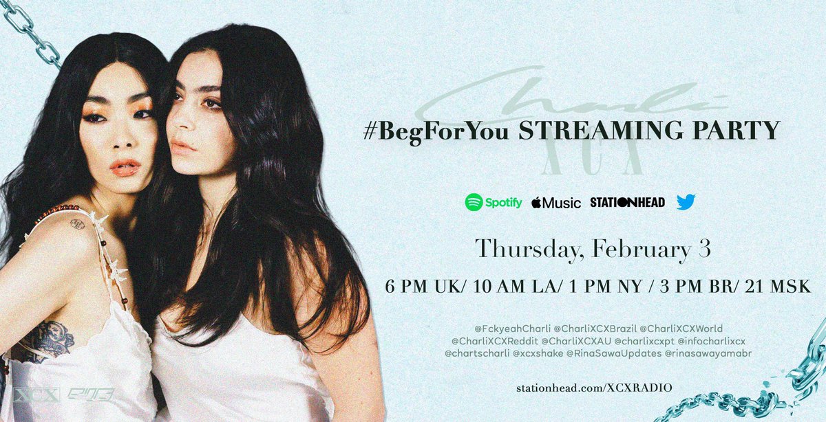 SAWAYAMAcharts's tweet photo. ⛓pixels and angels attention⛓

@FckyeahCharli is hosting a #BegForYou 
streaming party tomorrow February 3 at 6PM UK / 10AM LA / 1PM NY b/ 3PM BR

download the Stadionhead app &amp; use this link https://t.co/b3Jwq5YrEe

don’t forget to use the hashtag #BegForYou while tweeting!!🤍 https://t.co/IlrmX2QjRh