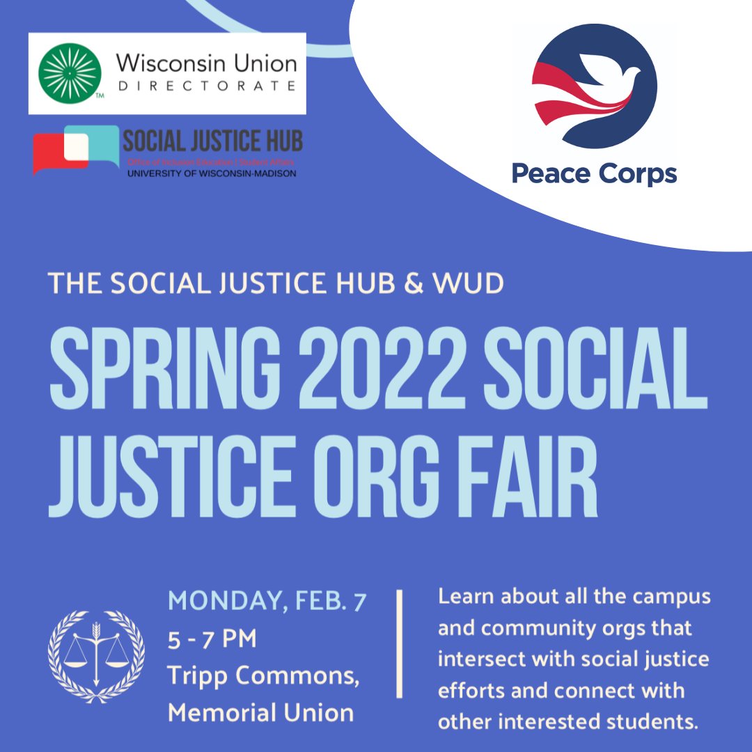 Come visit us and many other wonderful organizations this Monday, February 7th, at the Social Justice Org Fair in Memorial Union! #peacecorps #uwmadison #socialjustice