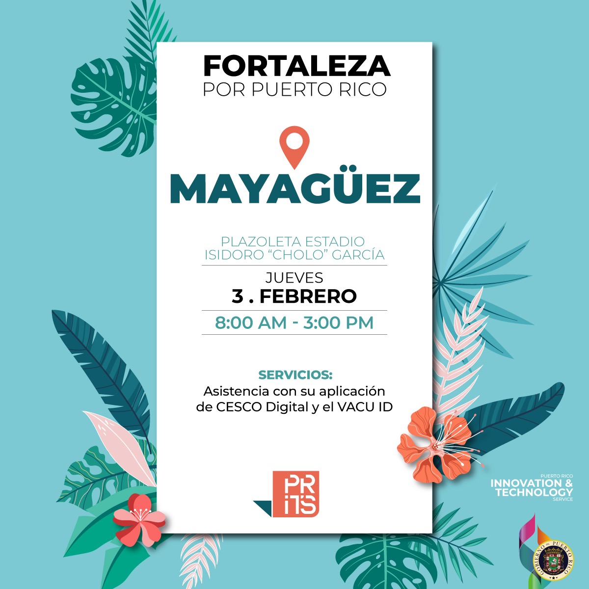prdirprits's tweet photo. Mañana de 8:00 am a 3:00pm diremos presente en la iniciativa #FortalezaPorPuertoRico en #Mayagüez. Estaremos brindando asistencia con la aplicación del #CESCODigital y el #VACUID. Te esperamos en la plazoleta del Estadio Isidoro “Cholo” García. #GobiernoDigital https://t.co/W23VGply5Y