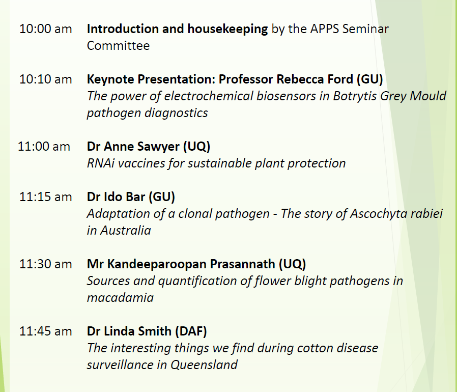 Australasian Plant Pathology Society QLD (@qldapps) on Twitter photo APPS QLD Plant Pathology Webinar event online today at 10am! Great line up of presenters. Link below to join in:
usq.zoom.us/j/89381742568 APPS QLD Plant Pathology Webinar event online today at 10am! Great line up of presenters. Link below to join in:
usq.zoom.us/j/89381742568