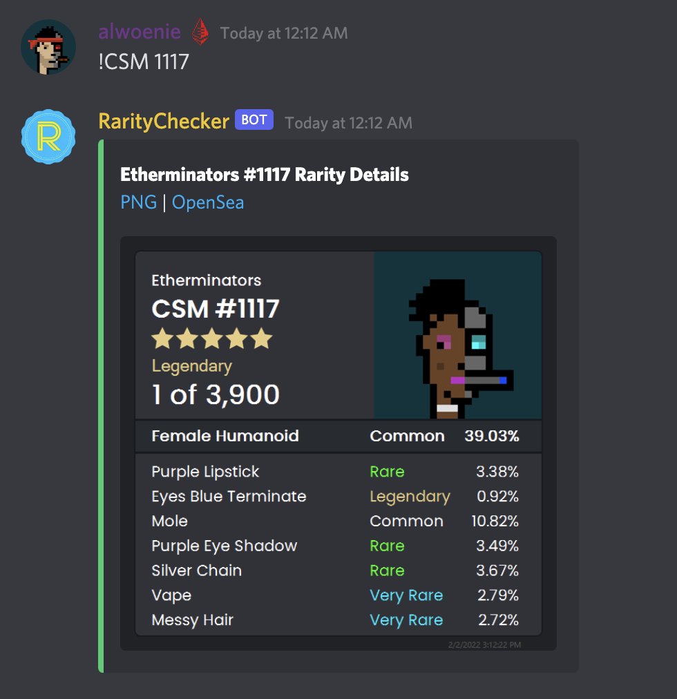 Step 1: mint on etherminators.com
Step 2: verify on discord.gg/etherminators
Step 3: use our new RarityChecker bot to check out the Rarity Level of your Etherminator!

Huge shout out to the insanely talented Bot Wizard <a href="/Yakpimp/">Yakpimp</a> for making it happen 🦾