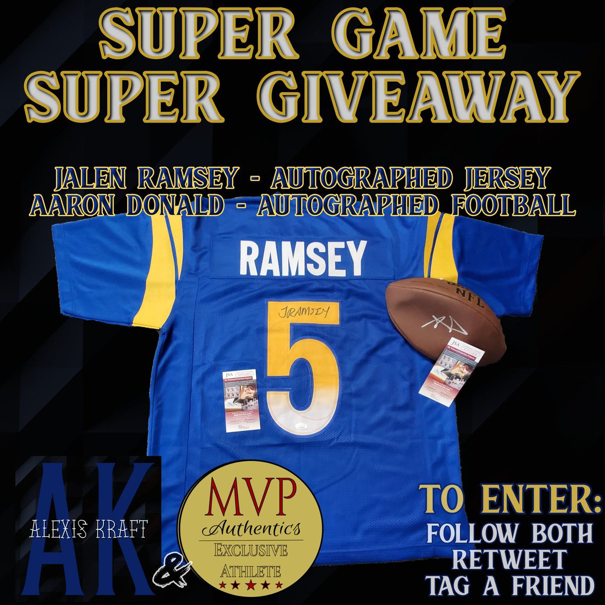 🚨 GIVEAWAY ALERT 🚨

In honor of #RamsHouse  making the Super Bowl, I’m partnering with <a href="/MVPAuthentics/">MVP Authentics</a> to do a SUPER giveaway: autographed <a href="/jalenramsey/">Jalen Ramsey</a> jersey + autographed <a href="/AaronDonald97/">AD_99</a> football 🔥

To enter: 

- follow me 
- follow <a href="/MVPAuthentics/">MVP Authentics</a> 
- RT 
- mention a friend