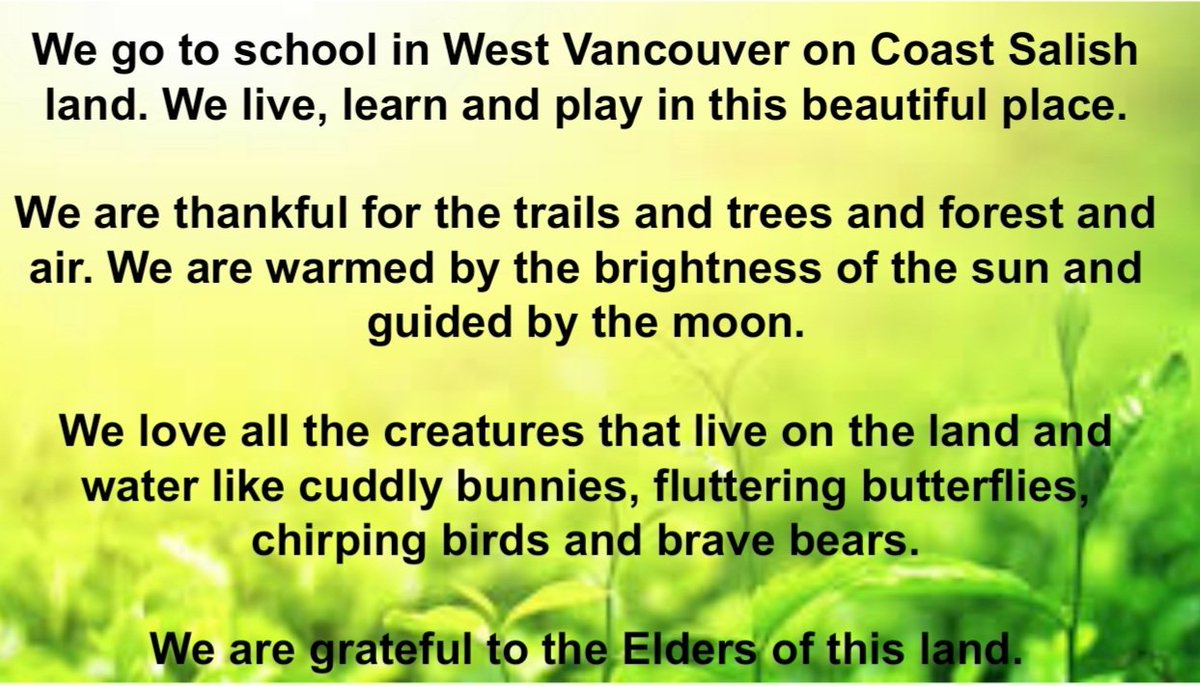Jade Constantineau (@jadeconstantine) on Twitter photo The students in Division 14 <a href="/CaulfeildSchool/">Caulfeild School</a> have reflected and written their own land acknowledgement. We start each and every day with these words. #bethebear #westvaned
#reconciliation #gratitude The students in Division 14 <a href="/CaulfeildSchool/">Caulfeild School</a> have reflected and written their own land acknowledgement. We start each and every day with these words. #bethebear #westvaned
#reconciliation #gratitude