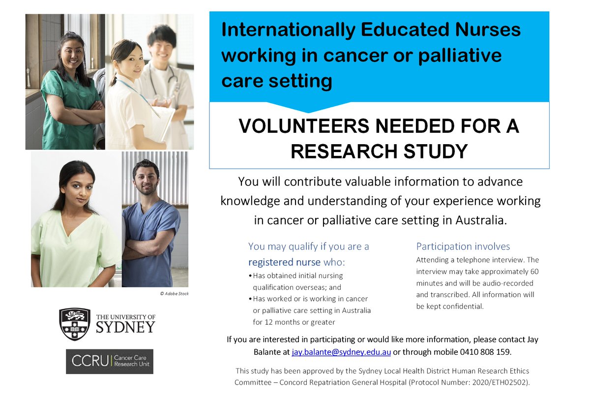 We are seeking study participants. If you are or know someone who is an internationally educated nurse (IEN) working in cancer or palliative care setting in Australia, please share or check the study flyer below and contact <a href="/JayBalante/">Jay Balante</a> for more details. <a href="/CNRU1/">CNRU💙</a>
