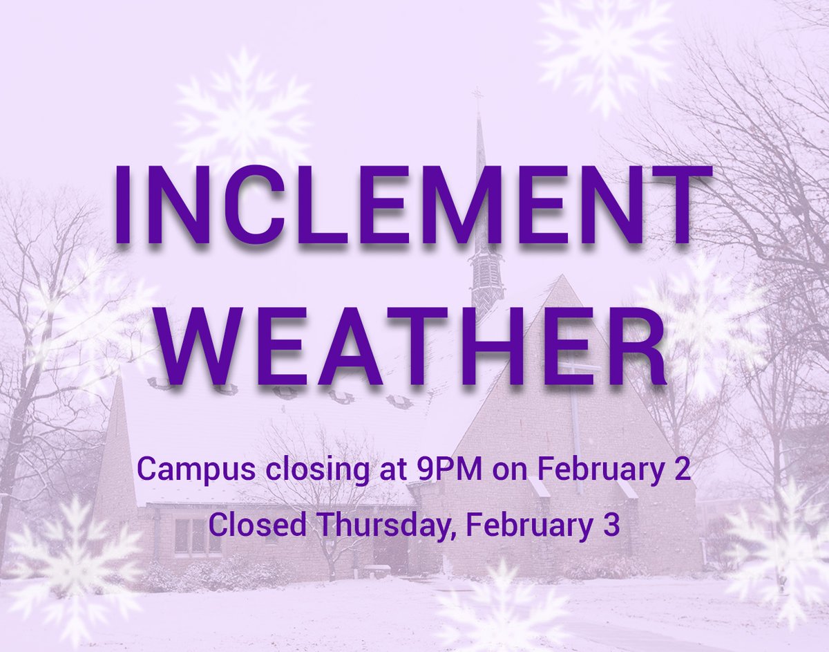 UEvansville's tweet photo. Due to impending winter weather, the UE campus will close tonight at 9PM and remain closed tomorrow, February 3. All classes and on-campus functions will be cancelled beginning at 9PM and offices will be closed.

Dining services will open tomorrow at 9AM with limited options. https://t.co/IAVYrAKGUc