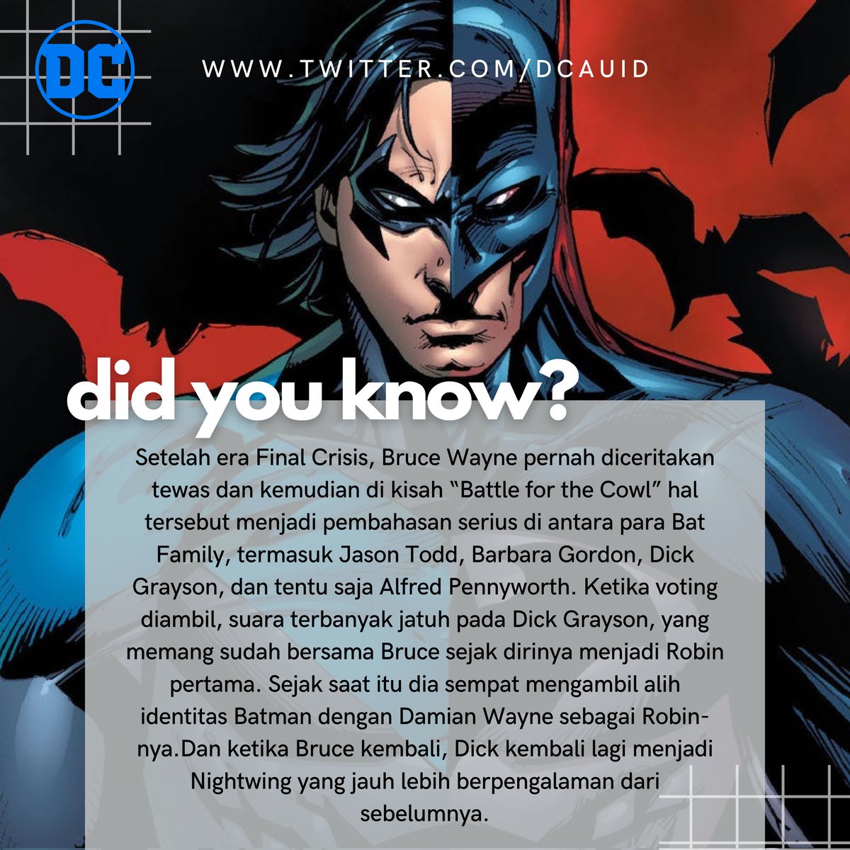 ㅤㅤㅤㅤ
ㅤㅤㅤㅤ
                  DC FUNFACT #1 
         DICK GRAYSON AS BATMAN
ㅤㅤㅤㅤ
ㅤㅤㅤㅤ