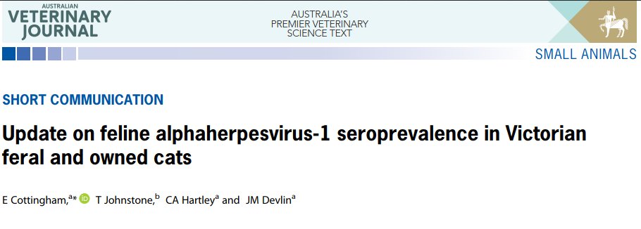 ApcahUnimelb's tweet photo. Feline herpesvirus #FVASresearch from PhD student @Elle_Cottingham in the Australian Veterinary Journal (@AustVetAssoc)
"Update on FHV-1 seroprevalence in Victorian feral cats and implications for future FHV-1 vectored vaccines and immunocontraceptives"
https://t.co/zQwDjkWTC8 https://t.co/GP2CEYnBJv