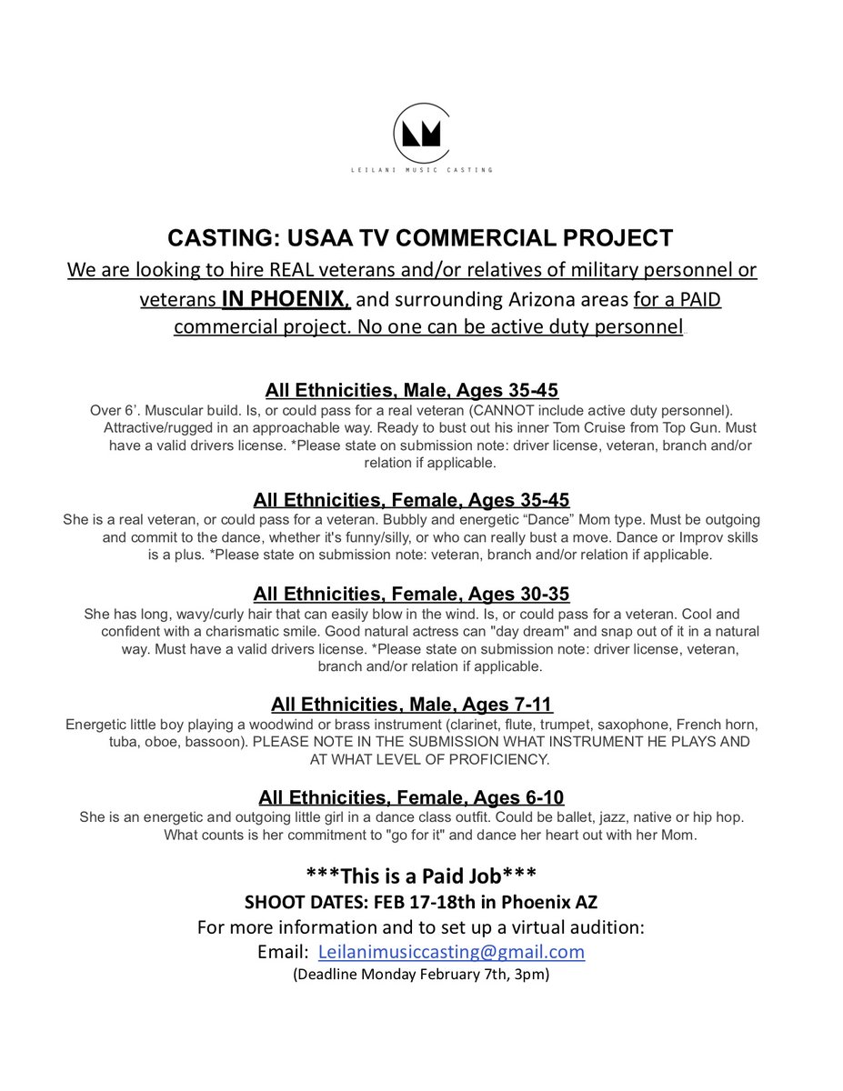 Casting Call! Looking for REAL VETERANS based in Phoenix, or the surrounding AZ area to hire for a PAID TV Commercial project! Pls #RT <a href="/AZVETS/">Arizona Department of Veterans' Services</a> #commercial #paid #ad #tv #tvcommercial #USAA #audition #casting #selftape
