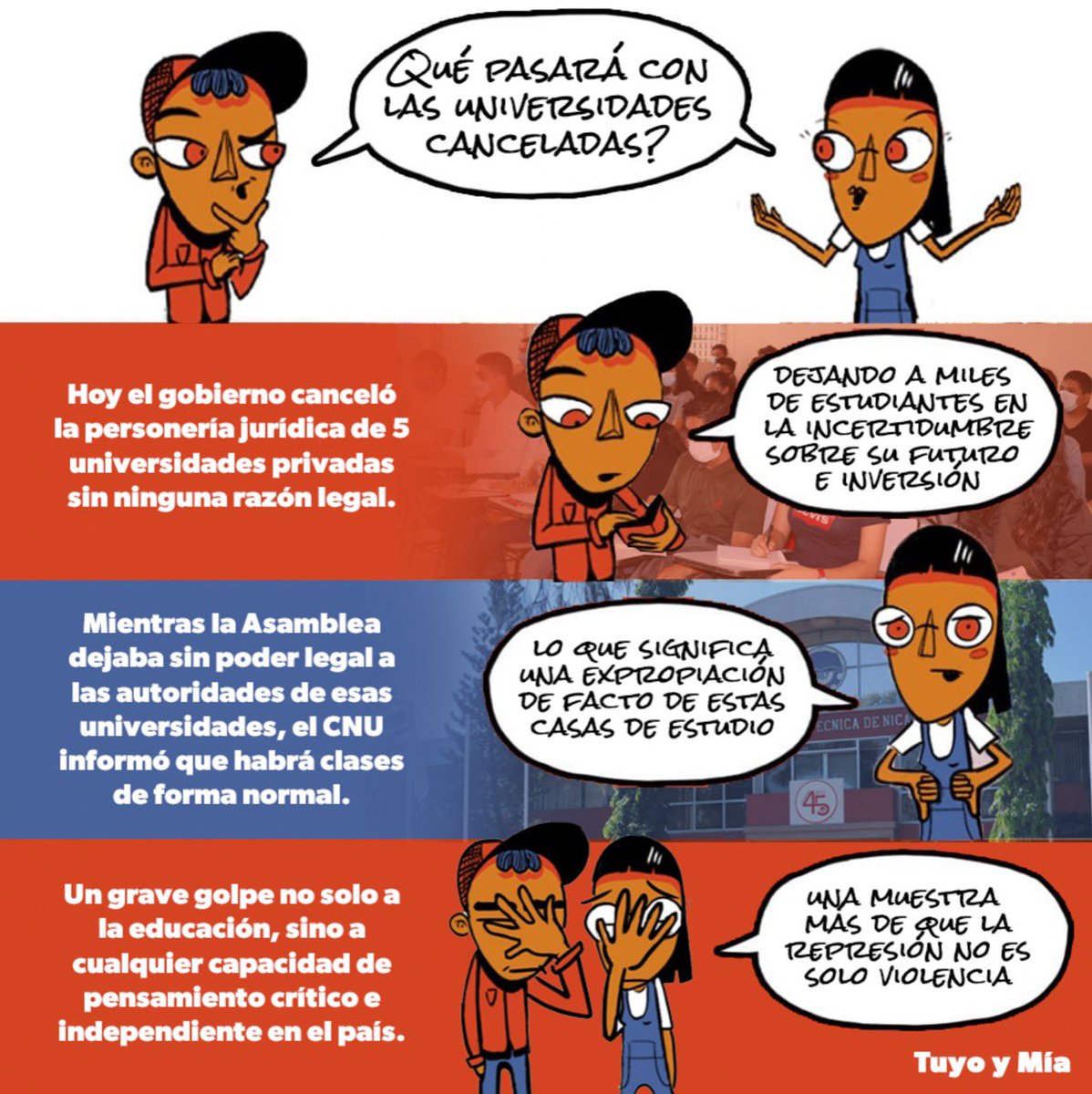 Somostuyoymia's tweet photo. Hoy se el gobierno dio un grave golpe al futuro de los jóvenes (y por ende al de Nicaragua), algunas de las últimas universidades independientes del país hoy fueron arrebetadas por la intolerancia. https://t.co/jJlayT9jLD