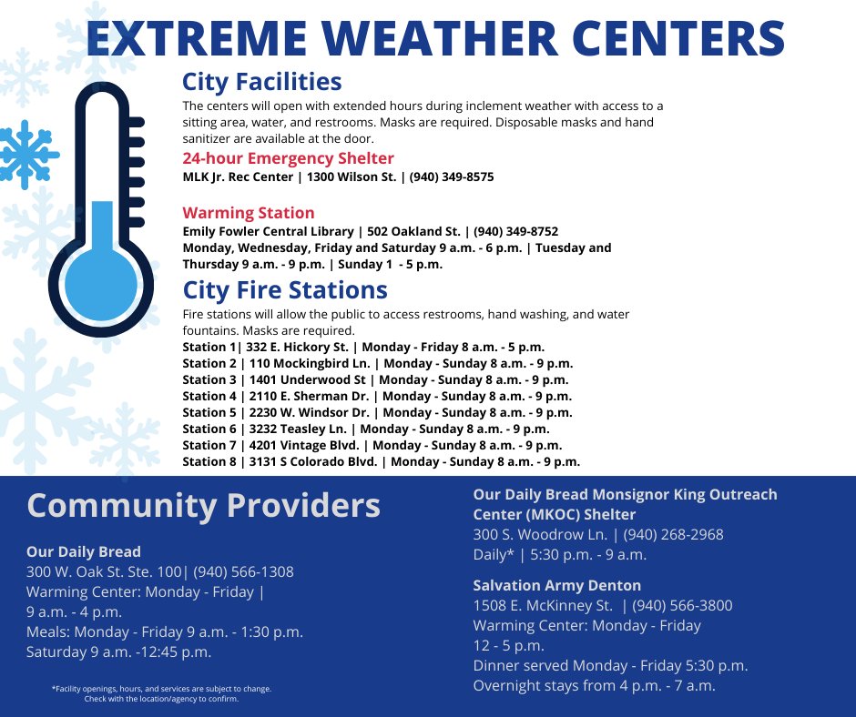 The 24-hour emergency shelter at MLK Jr. Rec Center is now open. 

Here is a complete list of various warming shelters throughout the city. Also, note the information of our community providers.

Stay safe, Denton! Read more on our website: bit.ly/3gfMm9E