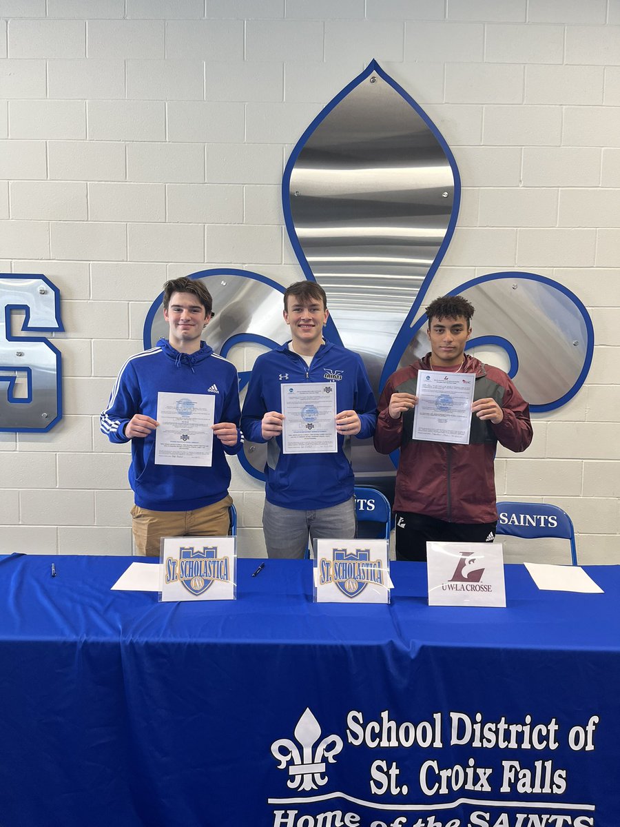 Today we celebrated three Saints as they signed their letter of intent to play college 🏈 football. Congratulations <a href="/Dayo_Oye10/">Dayo Oye</a> <a href="/BrynGouker/">Bryn Gouker</a> and Travis Oestreich! <a href="/UWLEagleFB/">UW-La Crosse Football</a> <a href="/CSSSaintsFB/">Saints Football</a>