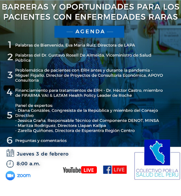 JuntosSaludPeru's tweet photo. Enfermedades Raras #RarasPeroNoInvisibles
Participa del evento "Situación y barreras para los pacientes con Enfermedades Raras y Huérfanas" 👨🏻‍💻👩🏼‍💻🗓️ Hora: Jueves 3 febrero a las 08:00 a. m. 🇵🇪
 📡 Transmisión en vivo desde nuestro Facebook  https://t.co/qzRJlv1Y8k ¡Te esperamos! https://t.co/JkrFdRAr9L