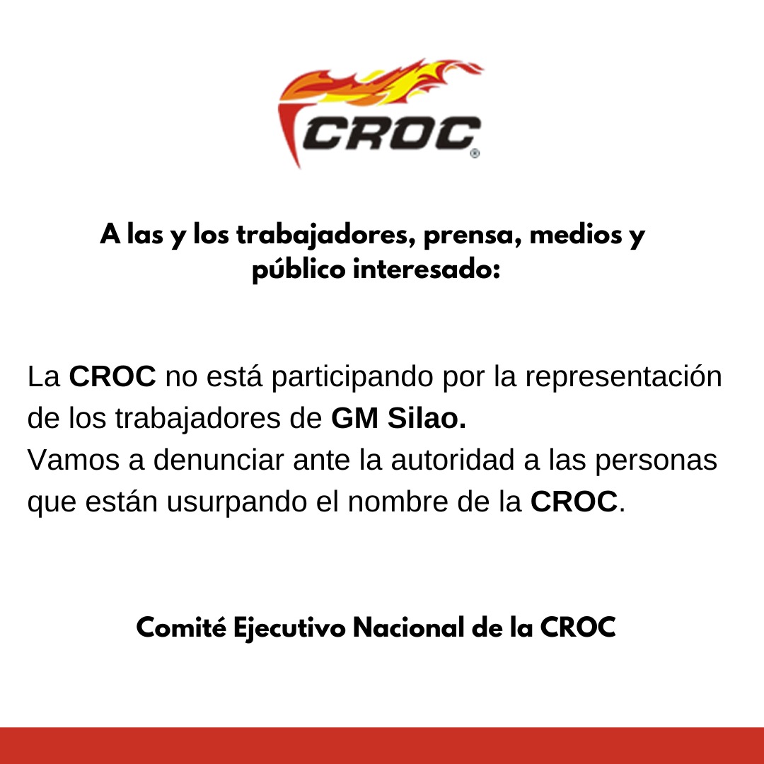 crocseccion77's tweet photo. Nuestra organización sindical #CROC no está participando en las elecciones de representación sindical en la #GM Silao. https://t.co/PUg3GKQ9dN