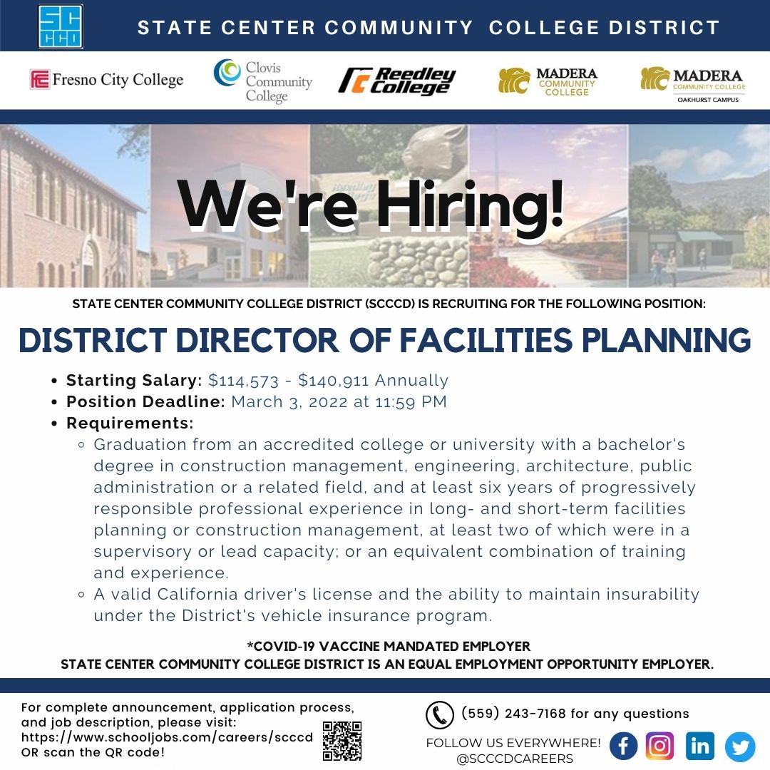 Currently recruiting for District Director of Facilities Planning.  Visit schooljobs.com/careers/scccd for more information and how to apply! #scccd #careersinhighered #facilitiesplanning