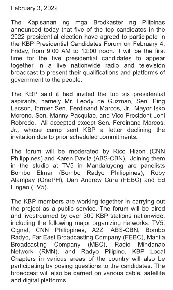 sarchavez's tweet photo. Susunod: KBP Presidential Candidates Forum, Feb 4, 9am to 12pm.
Abangan sa DZRH Radio, Television and Digital Media platforms, at sa iba pang Manila Broadcasting Company stations: #LoveRadio #EasyRock #YesTheBest #AksyonRadyo #RadioNatin
#BakitIkaw #Desisyon2022 @dzrhnews https://t.co/Xz4Mjpp8W5