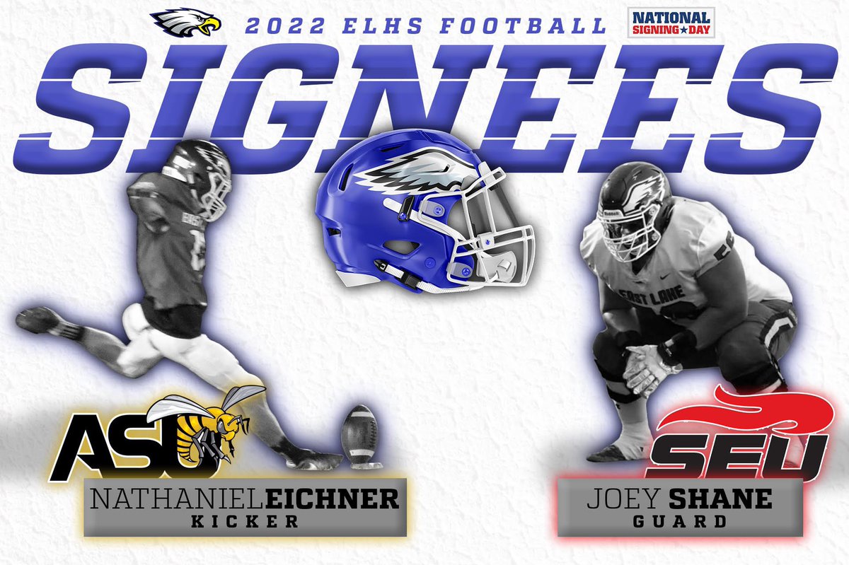 East Lake Football (@eastlakefball) on Twitter photo Congratulations to Nathaniel Eichner (<a href="/Eichner_2022/">Nathanial Eichner</a>) and Joey Shane (<a href="/JoeyShane10/">Joey Shane</a>) for signing today on NSD! Can’t wait to see what these young men can do at the next level! #EagleNation #EagleFamily Congratulations to Nathaniel Eichner (<a href="/Eichner_2022/">Nathanial Eichner</a>) and Joey Shane (<a href="/JoeyShane10/">Joey Shane</a>) for signing today on NSD! Can’t wait to see what these young men can do at the next level! #EagleNation #EagleFamily