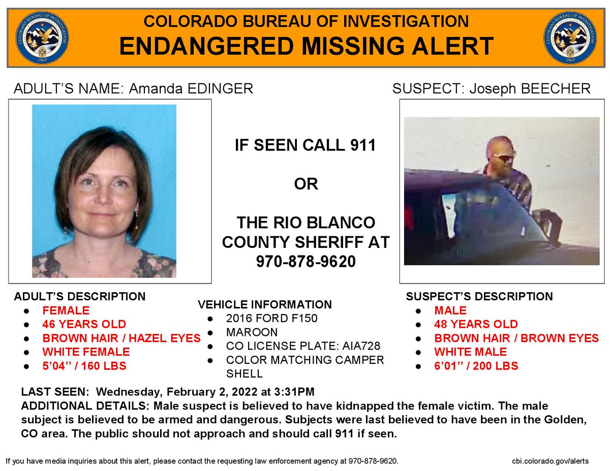 MISSING WOMAN, PLEASE SHARE: Amanda Edinger, 46, was kidnapped around noon in Rio Blanco County Wednesday. She is described as 5 feet 4 inches tall, 160 pounds with brown hair and hazel eyes.

The suspect is believed to be armed and dangerous.

More: bit.ly/3LhIALl