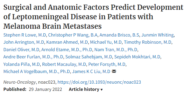 Proud of our recent work conducted at <a href="/MoffittNews/">Moffitt Cancer Center</a> and now published in Neuro-Oncology! Here, we investigated surgical and anatomic factors that predicted the incidence of leptomeningeal disease in patients with metastatic brain melanoma. Check it out:
 pubmed.ncbi.nlm.nih.gov/35092434/