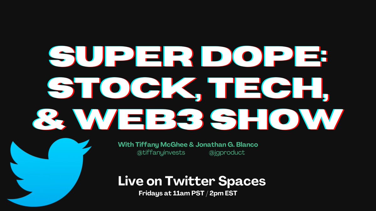 We are doing it again! Join me and my cohost <a href="/TiffanyInvests/">Tiffany McGhee</a> for our SUPER DOPE SHOW: #Stocks, #Tech, &amp; #Web3.

How do we get <a href="/AriMelber/">Ari Melber</a> in the room? I want to quote #hiphop with you.

#NFT #Finance <a href="/tflabs_/">TF Labs</a> <a href="/niftmint/">Niftmint</a> <a href="/pivotaladvisor/">Pivotal Advisors</a>