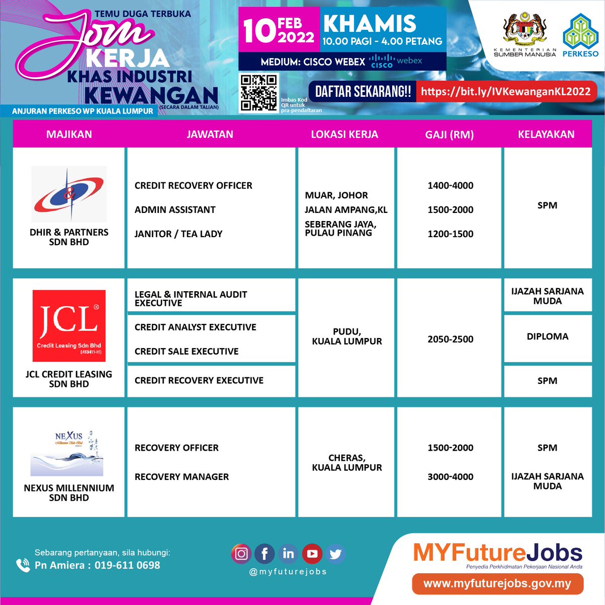 MYFJOfficial's tweet photo. TEMU DUGA TERBUKA JOM KERJA KHAS INDUSTRI KEWANGAN ANJURAN PERKESO NEGERI WP KUALA LUMPUR SECARA ATAS TALIAN

Tarikh: 10 Februari 2022 (Khamis)
Masa: 10.00 pagi - 4.00 petang
Tempat/Medium: Cisco Webex (Atas Talian)
Pautan: https://t.co/Efcm4I7CBa https://t.co/TVIduxFJv4