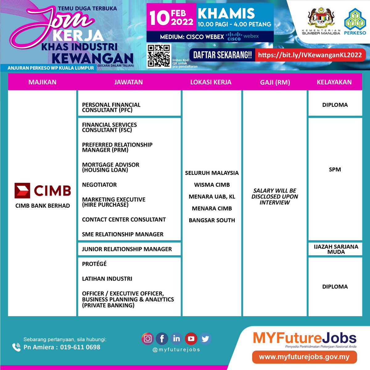 MYFJOfficial's tweet photo. TEMU DUGA TERBUKA JOM KERJA KHAS INDUSTRI KEWANGAN ANJURAN PERKESO NEGERI WP KUALA LUMPUR SECARA ATAS TALIAN

Tarikh: 10 Februari 2022 (Khamis)
Masa: 10.00 pagi - 4.00 petang
Tempat/Medium: Cisco Webex (Atas Talian)
Pautan: https://t.co/Efcm4I7CBa https://t.co/TVIduxFJv4