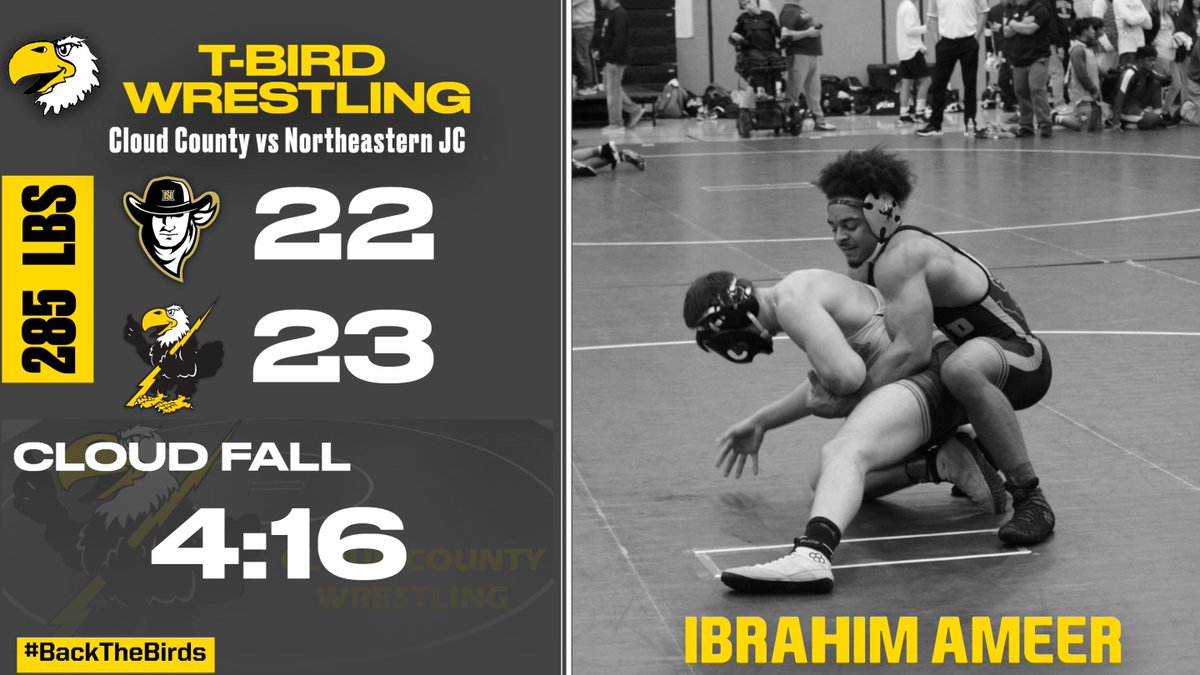 WREST: IBRAHIM AMEER IN THE CLUTCH! A 2nd period fall to give Cloud County the dual! Penalty point is deducted for Cloud following the match so final score is 23-22 T-Birds. #BackTheBirds