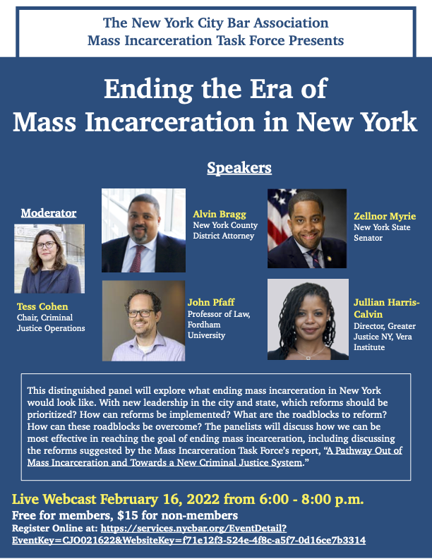 SarahJBerger95's tweet photo. Please register for this exciting virtual event sponsored by @NYCBarAssn with @AlvinBraggNYC @SenatorMyrie @JohnFPfaff  @CalvinJullian moderated by @TessMCohen February 16 at 6:00 p.m. https://t.co/fybliq2wIS