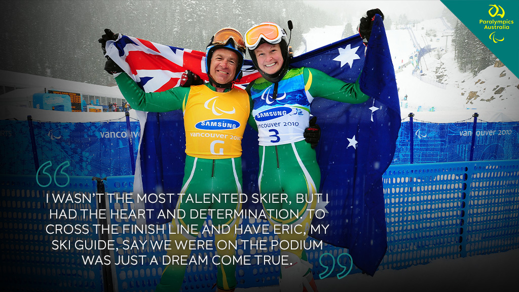 Australian Paralympian Jess Gallagher and her sighted guide Eric Bickerton holding the Australian flag behind their backs. Text on image reads: "I wasn’t the most talented skier, but I had the heart and determination. To cross the finish line and have Eric, my ski guide, say we were on the podium was just a dream come true." Jessica Gallagher 