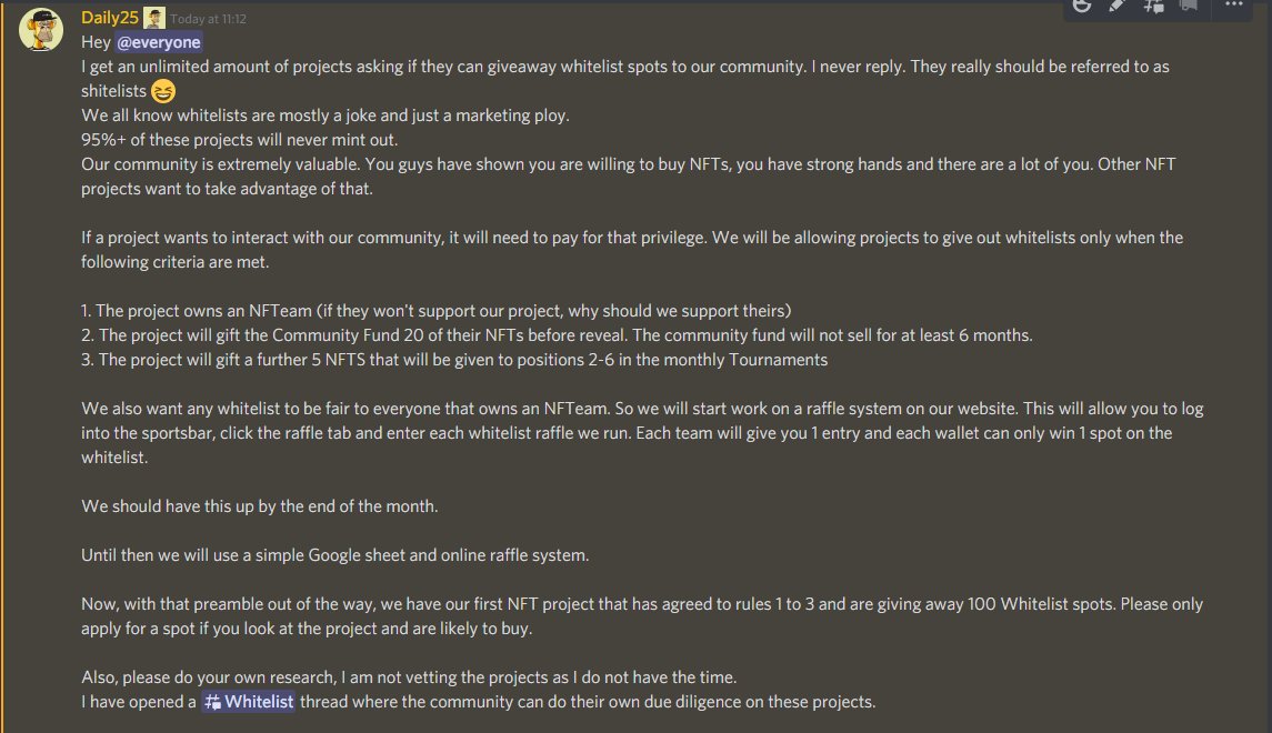 day25's tweet photo. How we at @NFTeams_ will deal with the 100+ requests we get weekly to offer our community whitelist spots

If your project wants access to our community here are the rules:
1. Own an @NFTeams_ 
2. Gift 20 of your NFTs to our Community Fund
3. Gift 5 more to the prize pool

Simple https://t.co/LHanTpbhla