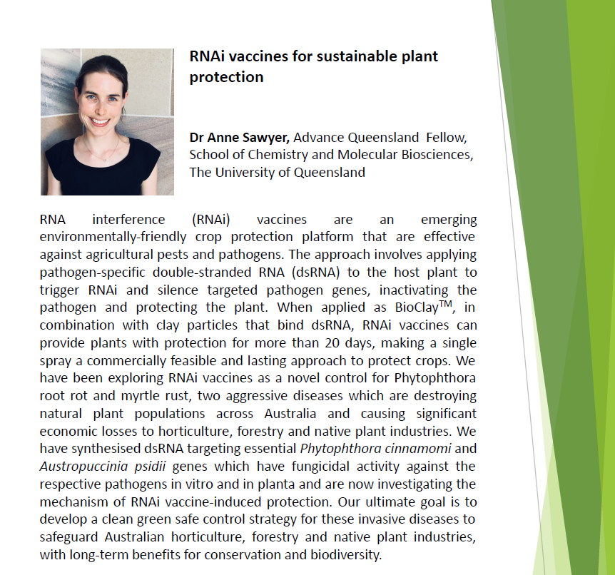 Australasian Plant Pathology Society QLD (@qldapps) on Twitter photo So we've learnt about tech for DETECTING plant disease, what about tech for MANAGING disease?
ON NOW: Dr Anne Sawyer <a href="/anne_swyr/">Anne Sawyer</a> Advance QLD Fellow from <a href="/UQ_SCMB/">UQ Chemistry and Molecular Biosciences</a> is presenting the application of 'RNAi vaccines' for protecting crops against plant disease➡️usq.zoom.us/j/89381742568 So we've learnt about tech for DETECTING plant disease, what about tech for MANAGING disease?
ON NOW: Dr Anne Sawyer <a href="/anne_swyr/">Anne Sawyer</a> Advance QLD Fellow from <a href="/UQ_SCMB/">UQ Chemistry and Molecular Biosciences</a> is presenting the application of 'RNAi vaccines' for protecting crops against plant disease➡️usq.zoom.us/j/89381742568
