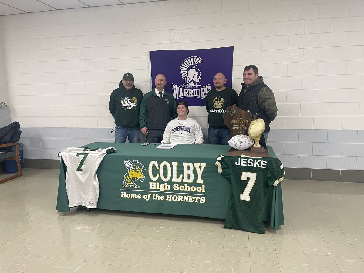Final stop of the day: Colby’s <a href="/BrentJeske/">Brent Jeske</a>! He signed his letter of intent to play <a href="/WinonaStateFB_/">Winona State Football</a>.

I’ll recap the day tonight <a href="/WSAW/">WSAW</a>. #wisfb