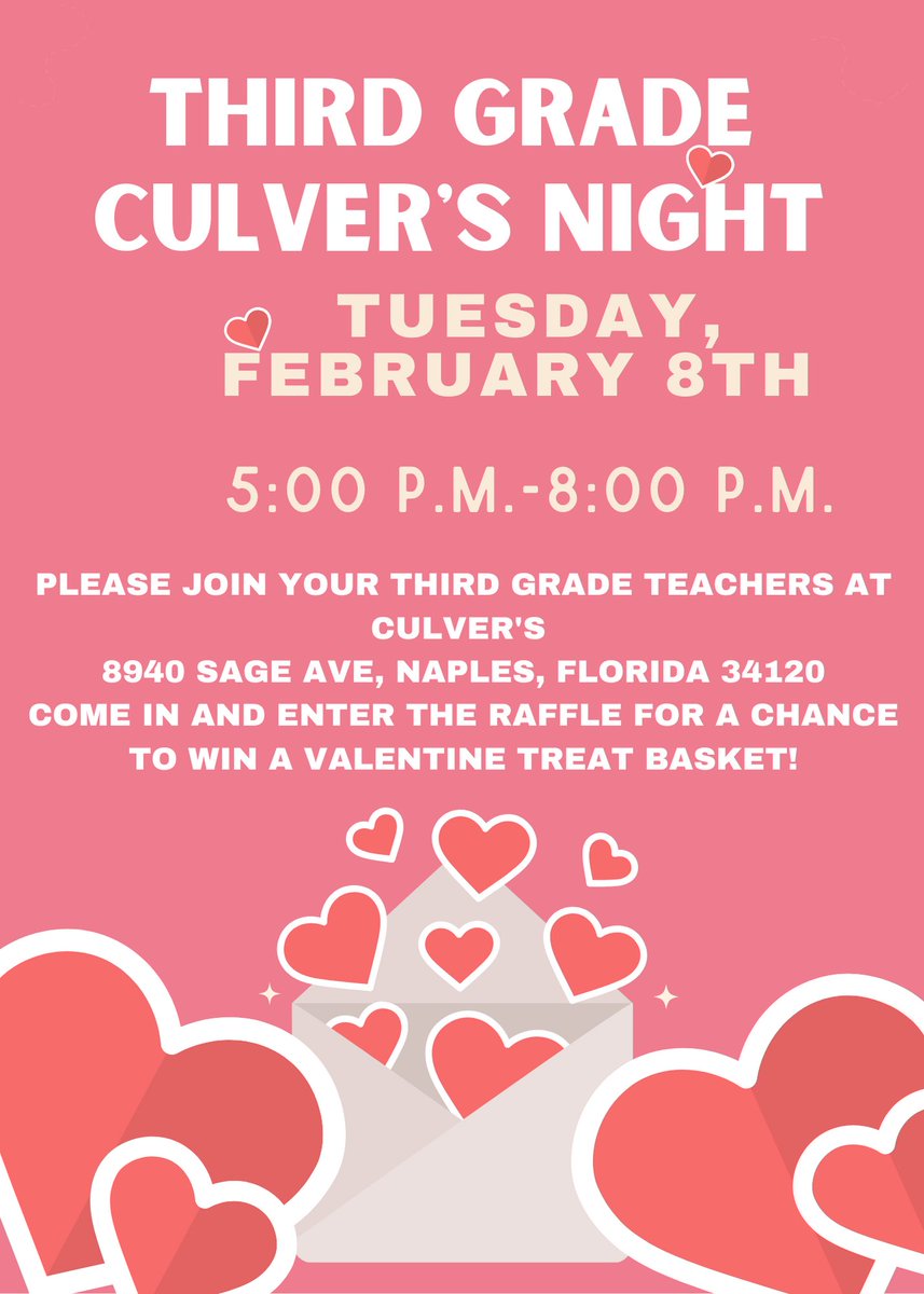 Hope to see all <a href="/CESCorkyBear/">Corkscrew Elementary</a> 🐻 at Third Grade Culver’s Night next week!