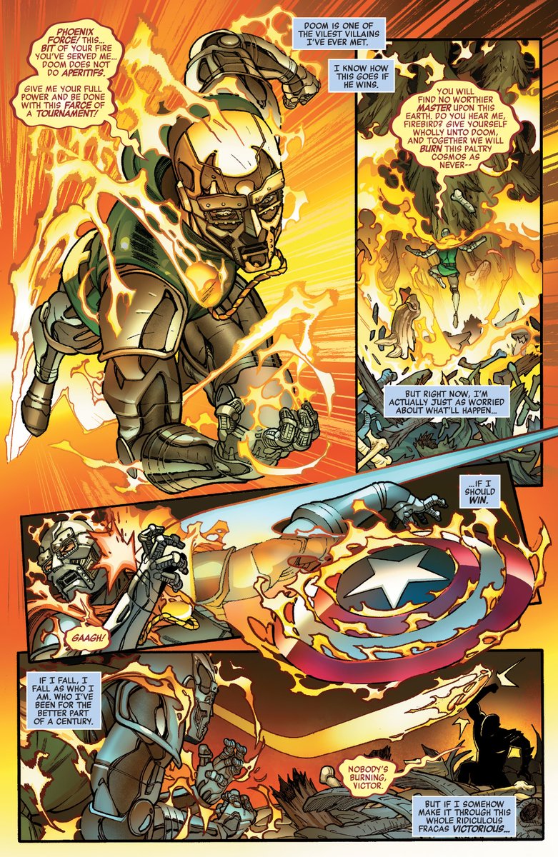 the current avengers run might be utter and complete garbage but phoenix-powered doom (and his cloak of fire) fucking *destroying* cap for a couple of pages? oh yeah, that's hot 