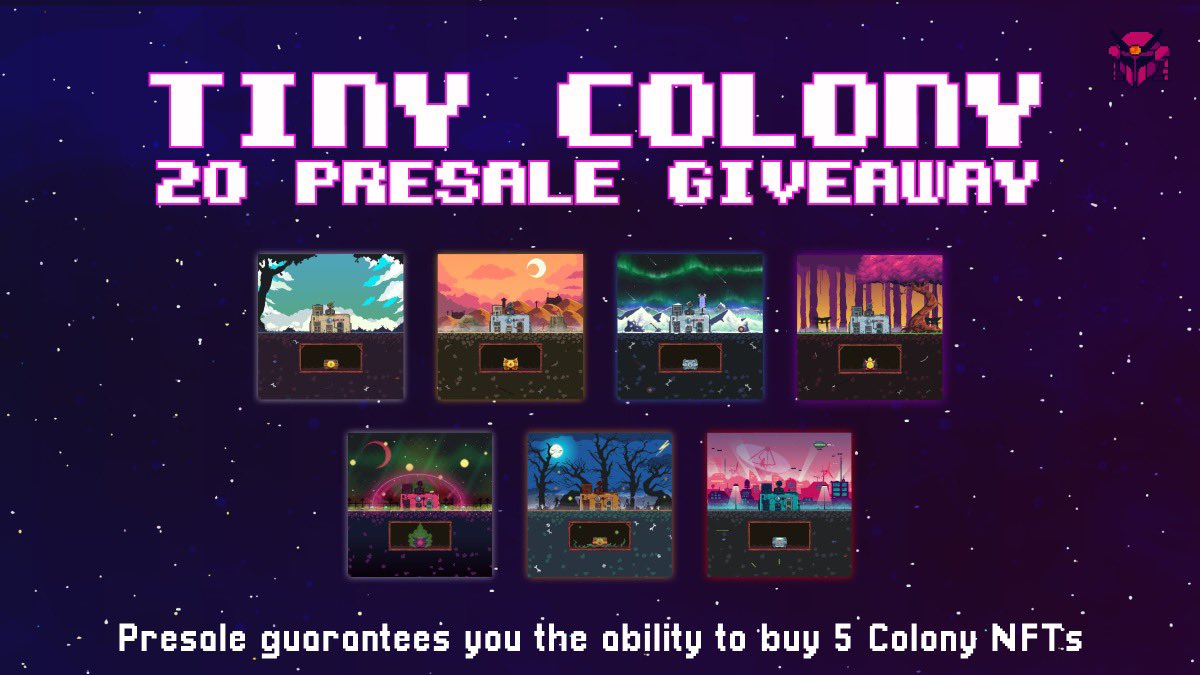 TinyColonyGame's tweet photo. 🚨20 Presale Spot Giveaway🚨

How to win: 

1️⃣RT and Like
2️⃣Follow us @TinyColonyGame 
3️⃣Join our Discord: https://t.co/f90bsfXyBe
4️⃣Tag 3 friends on this post! 

⏰24 hours GL! ✌️ #NFT #PlayToEarn #Solana #TinyColony https://t.co/ATDZxEHQqu