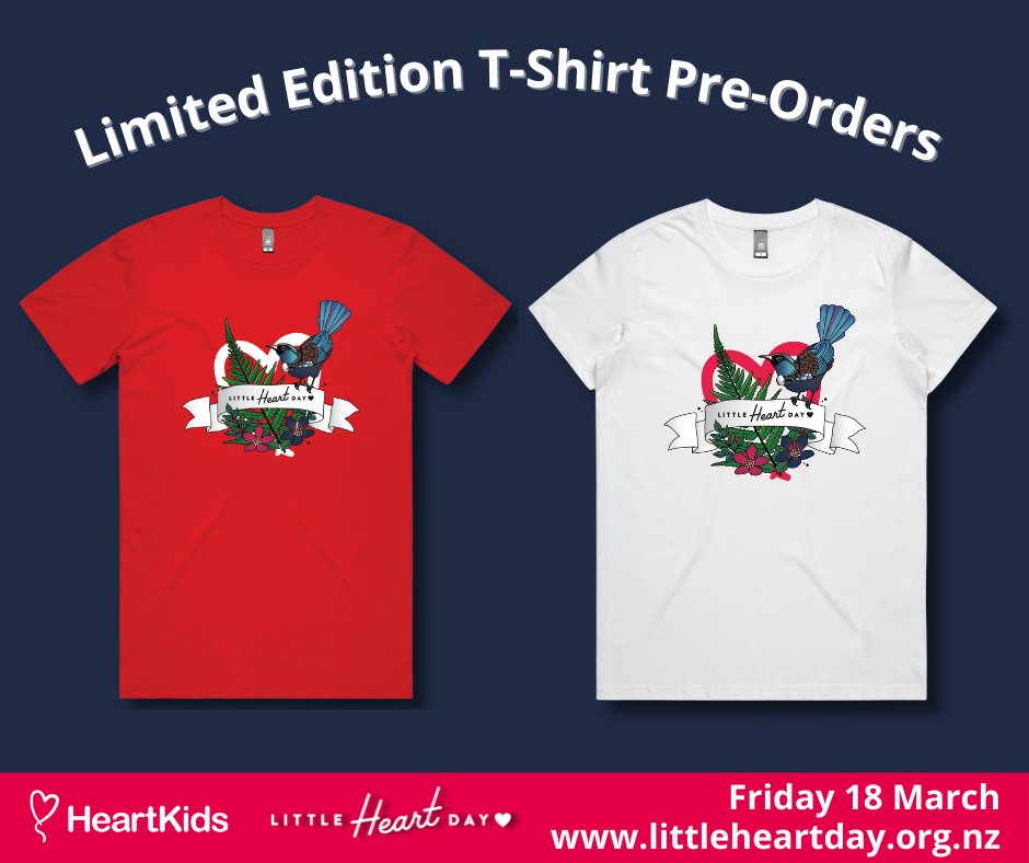 We are so excited - our Little Heart Day tees are available for pre-order now!🎉

Orders must be placed by 15 Feb...don't miss out: 
tinyurl.com/yck9amj9

#LittleHeartDay #BuyNow #HeartKidsNZ #GearUp #CHD #SellingFast #Support #BraveHearts