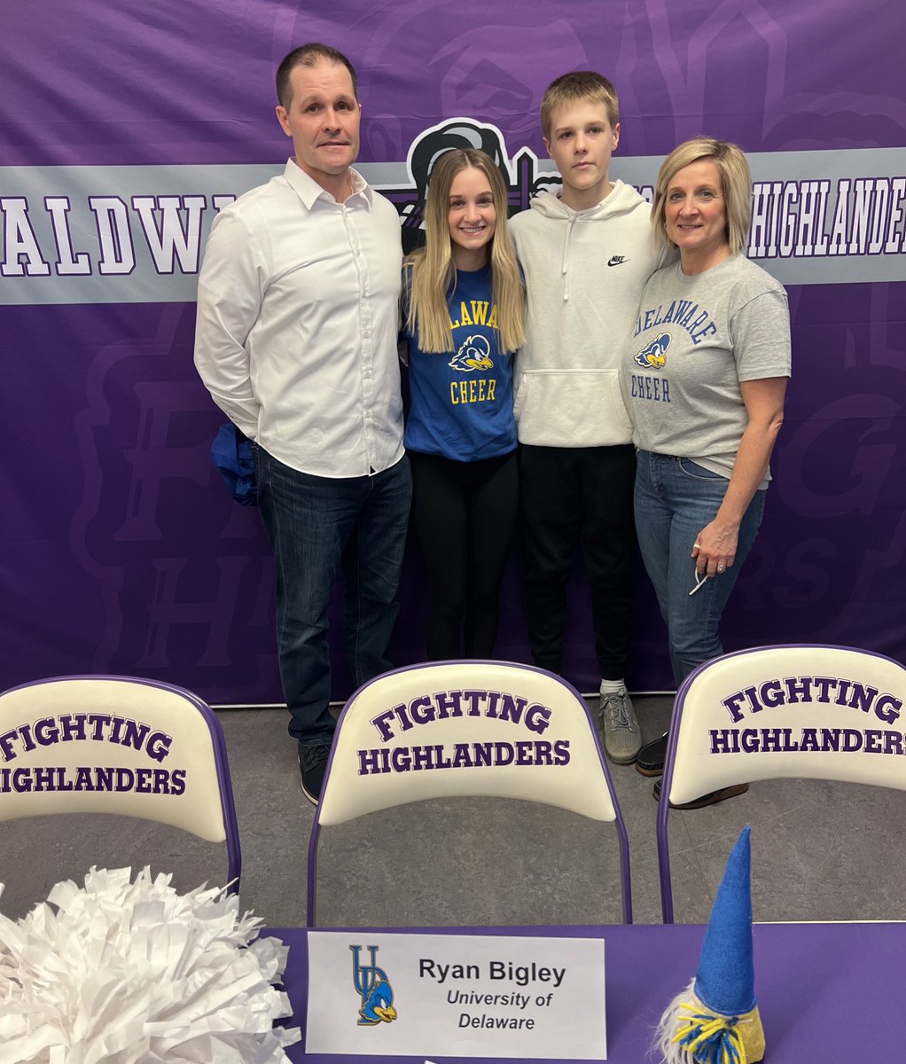 BaldwinHSCheer's tweet photo. Congratulations to senior and Competitive Team captain @ryannbigleyy on her official signing day to become a member of the 2022-2023 @UDBlueHenCheer All-Girl Cheerleading Team! We are so proUD of you 💜🤍 ➡️ 💙💛 #GoHENS https://t.co/qbkU1KiILA