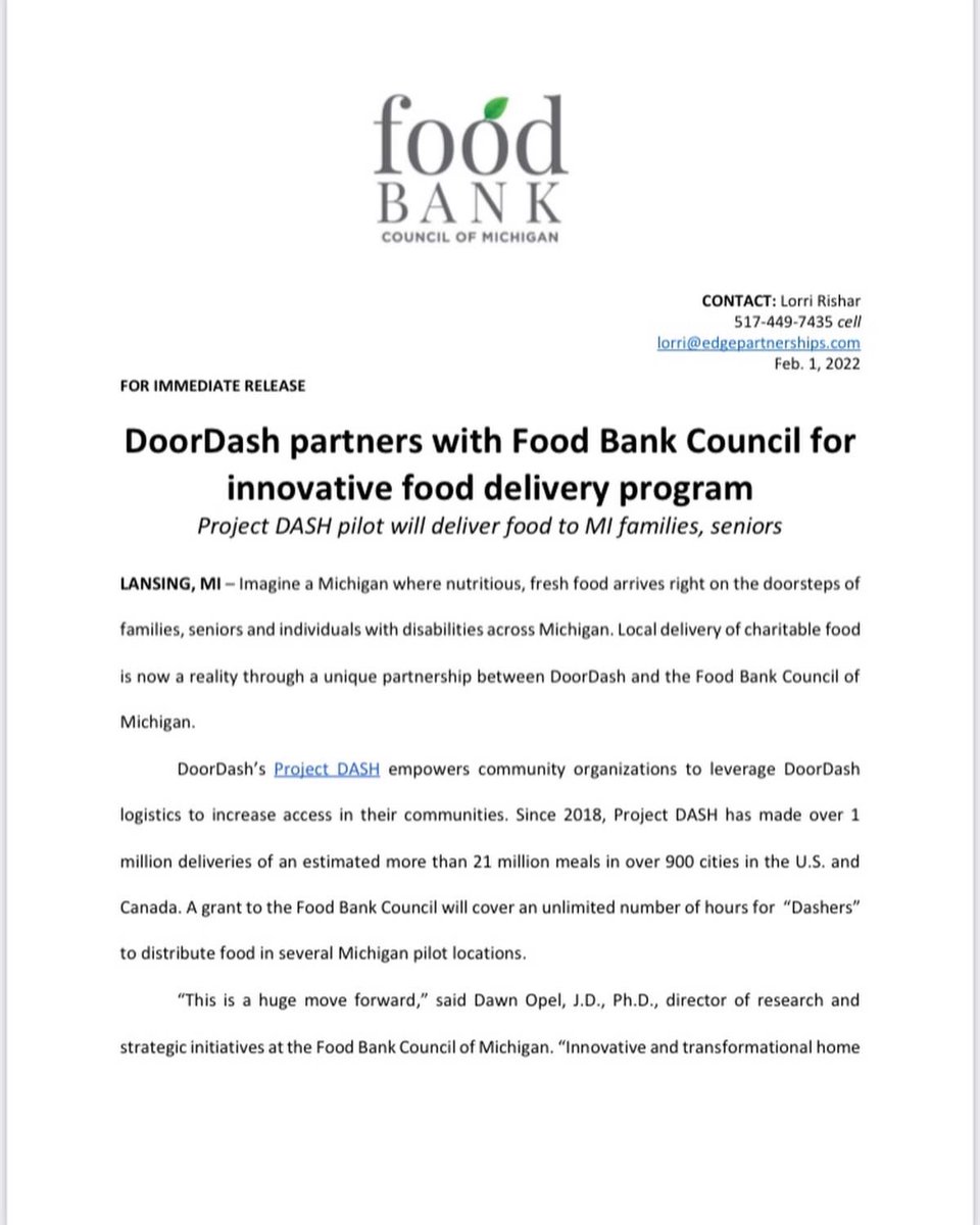 fbcmich's tweet photo. Local delivery of charitable food is now a reality through a unique partnership between @DoorDash and the Food Bank Council of Michigan! Read more below.
#FoodSecurity
#MoreFoodMoreOften2MorePeople
#FoodFirstMI https://t.co/y0Sk0QENPw