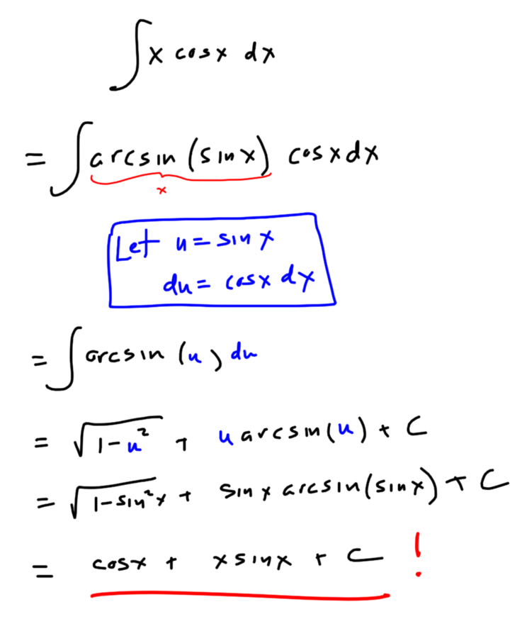 MrHonner's tweet photo. Here's how a student integrated xcos(x) today. Her technique is pretty brilliant! I've never considered doing something like this before. https://t.co/ZtiGbse5Z5