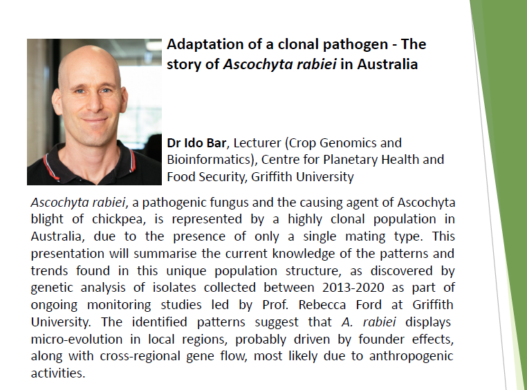 Australasian Plant Pathology Society QLD (@qldapps) on Twitter photo ON NOW: Dr Ido Bar from <a href="/Griffith_Uni/">Griffith University</a> is presenting the evolution of Ascochyta rabiei's pathogenicity in chickpea from genetic analyses of fungal isolates collected in the past decade. Tune in NOW via Zoom ⬇️
usq.zoom.us/j/89381742568
<a href="/theGRDC/">GRDC</a> <a href="/Plant_Pathogens/">Plant Pathogens (APPS)</a> <a href="/DrIdoBar/">Ido Bar</a> ON NOW: Dr Ido Bar from <a href="/Griffith_Uni/">Griffith University</a> is presenting the evolution of Ascochyta rabiei's pathogenicity in chickpea from genetic analyses of fungal isolates collected in the past decade. Tune in NOW via Zoom ⬇️
usq.zoom.us/j/89381742568
<a href="/theGRDC/">GRDC</a> <a href="/Plant_Pathogens/">Plant Pathogens (APPS)</a> <a href="/DrIdoBar/">Ido Bar</a>