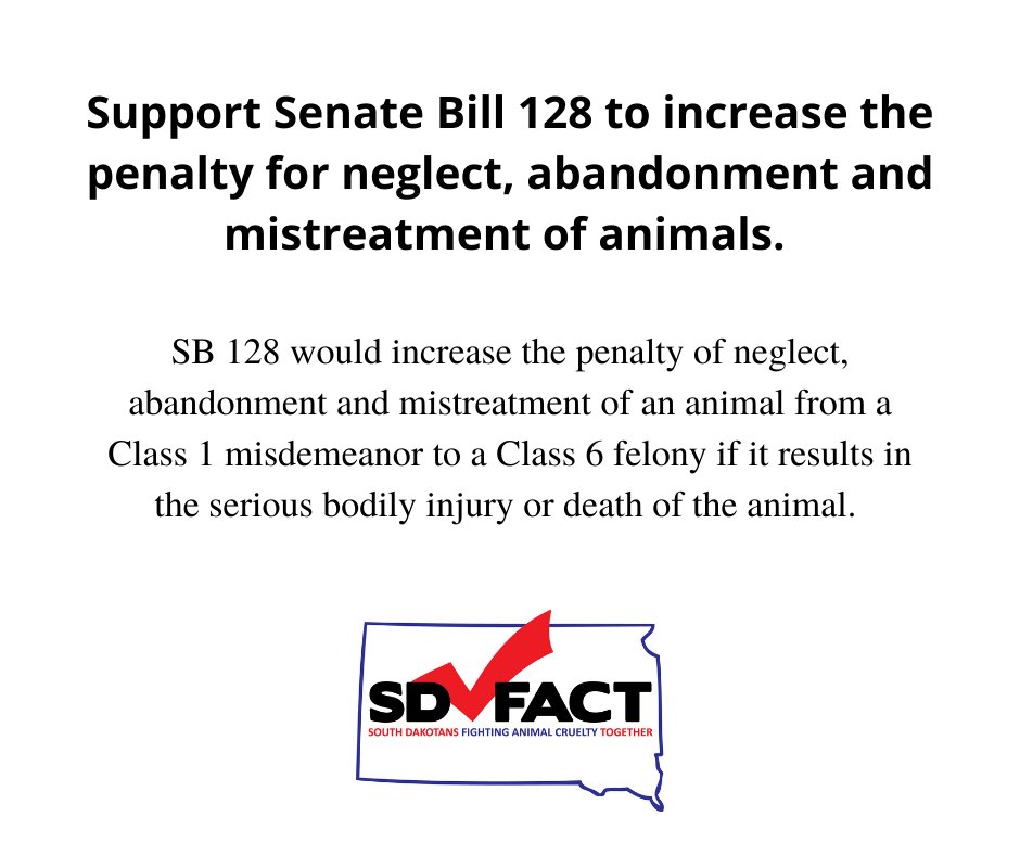 SoDakFACT's tweet photo. Current felony cruelty code requires both malicious and intentional abuse in order bring charges; malice often doesn’t apply in these cases of severe neglect.
#SB128: https://t.co/DKuKqAjJSY
#SouthDakotaLegislature #sdLeg #AnimalNeglect #AnimalMistreatment #SoDakFACT https://t.co/VvO61mUvFY