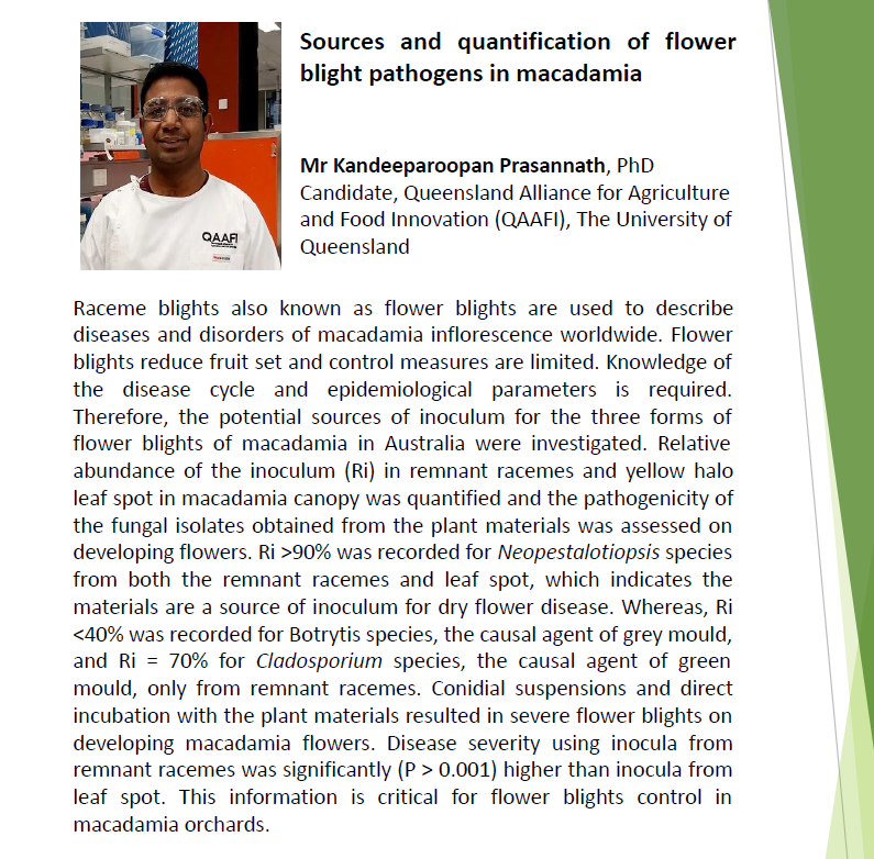 Australasian Plant Pathology Society QLD (@qldapps) on Twitter photo WEBINAR ON NOW: <a href="/QAAFI/">QLD Alliance for Agriculture & Food Innovation</a> PhD Candidate Mr Kandeeparoopan Prasannath <a href="/Prasannath2/">Prasannath</a> presents his discovery of a new flower blight disease of macadamia. Prasasannath has discovered, named and classified a number of novel fungal species during his PhD! <a href="/QAAFI_EMCR/">QAAFI EMCR Group</a> <a href="/UQ_News/">UQ News</a> <a href="/UQscience/">UQ Science</a> WEBINAR ON NOW: <a href="/QAAFI/">QLD Alliance for Agriculture & Food Innovation</a> PhD Candidate Mr Kandeeparoopan Prasannath <a href="/Prasannath2/">Prasannath</a> presents his discovery of a new flower blight disease of macadamia. Prasasannath has discovered, named and classified a number of novel fungal species during his PhD! <a href="/QAAFI_EMCR/">QAAFI EMCR Group</a> <a href="/UQ_News/">UQ News</a> <a href="/UQscience/">UQ Science</a>