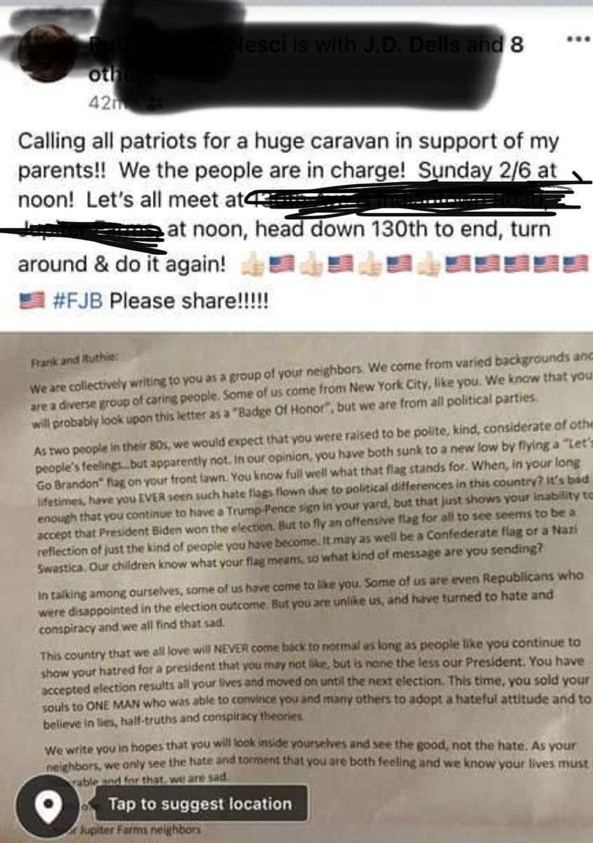 So this has been going on all day in my local fb page. TL:dr old folks got a letter about their FJB sign and the fuck your feelings crowd is organizing a truck parade. Right now the “huge caravan “ count is at 15.