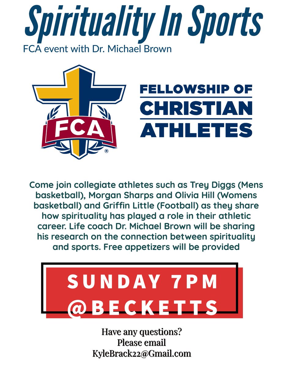 🚨ATTENTION🚨

This sunday 7 PM @Becketts 

Come hear from collegiate athletes and life coach dr. michael brown on how they’ve made the connection between spirituality and sports 

Free appetizers provided!!

You don’t want to miss this!!
<a href="/BGHS_AD/">BGHS Bobcat Athletics</a> <a href="/sentineltribune/">Sentinel-Tribune</a> <a href="/DanBlackBGCS/">Dan Black</a>