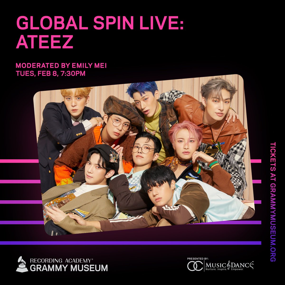 emilyghoul1's tweet photo. Excited to announce that I will be moderating a new public program in collab with @grammymuseum and @recordingacad ~ We are beyond thrilled to have @ateezofficial as our first guest! The show will consist of an interview, performance, then audience Q&amp;A. Tickets out on 2/3 10:30AM https://t.co/YEKYHnaNn2
