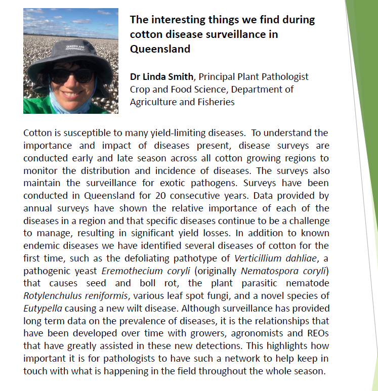 Australasian Plant Pathology Society QLD (@qldapps) on Twitter photo Plant Pathology Webinar ON NOW: Dr Linda Smith from @DAFQld is the expert in cotton pests and diseases! Tune in for the latest in cotton surveillance in the east coast of Australia! <a href="/CottonResearch/">CRDC</a> Plant Pathology Webinar ON NOW: Dr Linda Smith from @DAFQld is the expert in cotton pests and diseases! Tune in for the latest in cotton surveillance in the east coast of Australia! <a href="/CottonResearch/">CRDC</a>