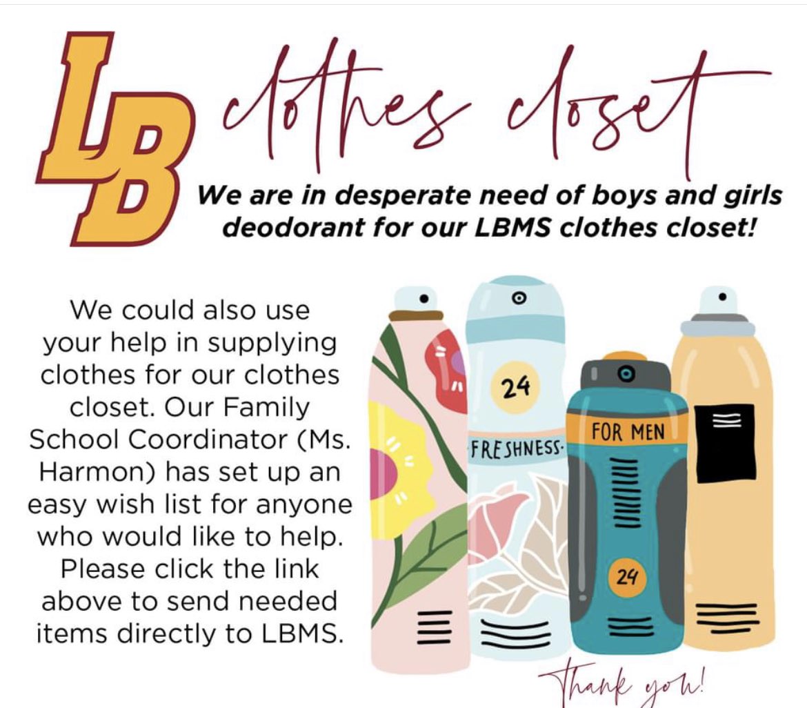 LBMS is in need of items (especially deodorant) for our LBMS clothes closet. Please click the following link to send items directly to the school: amazon.com/hz/wishlist/ls…  or you can send them in to the office with a note that says "clothes closet". Thank you!! <a href="/jcityTNschools/">JohnsonCitySchools</a>