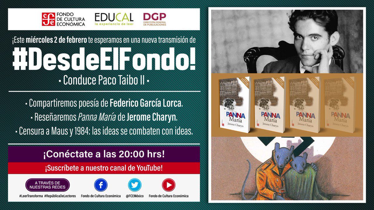 📚Coordinadores y coordinadoras:
¡Como todos los miércoles a las 20hrs, les esperamos en #DesdeElFondo!
✨Hablaremos de la poesía de Lorca, la censura a Maus y de Panna María de Jerome Charyn 

👉🏼Facebook: facebook.com/10159231148587…

👉🏼Youtube: youtu.be/KkV_9eSe3Xo